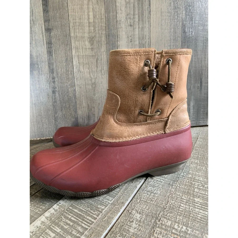 Sperry‎ Saltwater Women's Rain Duck Boots Tan Burgundy Side Zipper Size 9.5
